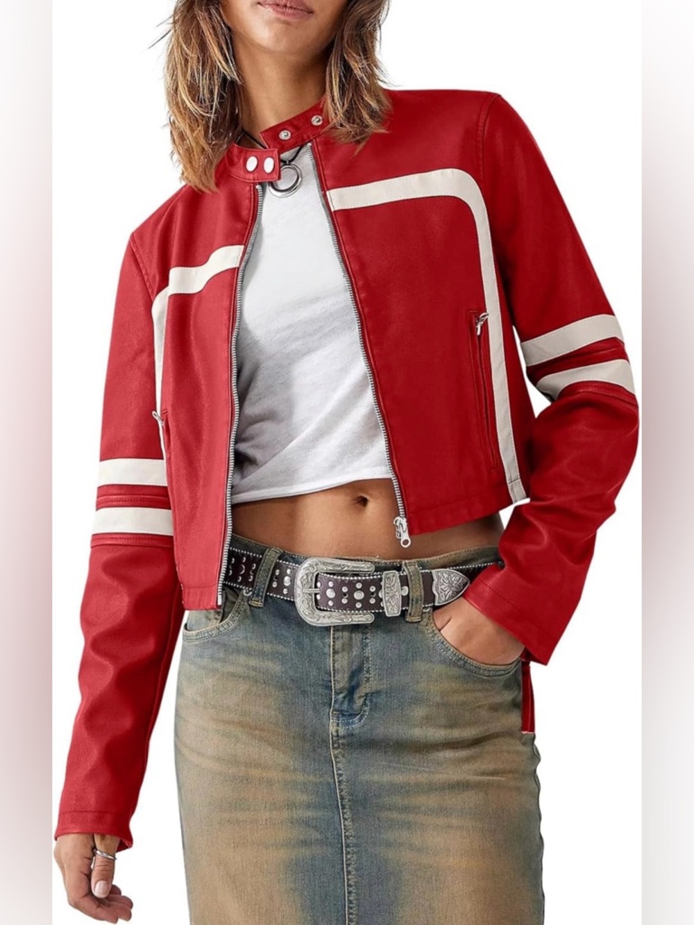 Women’s Red White Motocross Faux Leather Jacket size Small